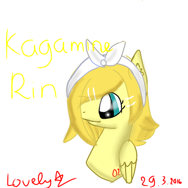 Size: 768x768 | Tagged: safe, artist:magicangelstarartist, derpibooru import, pegasus, bandana, bust, crossover, image, kagamine rin, png, simple background, solo, text