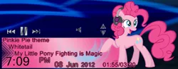 Size: 391x154 | Tagged: safe, artist:itchykitchy, artist:liatlns, artist:tailsdoll1993, derpibooru import, pinkie pie, earth pony, pony, :d, calendar, clock, happy, headphones, image, looking back, music player, open mouth, open smile, png, rainmeter, raised hoof, smiling, standing