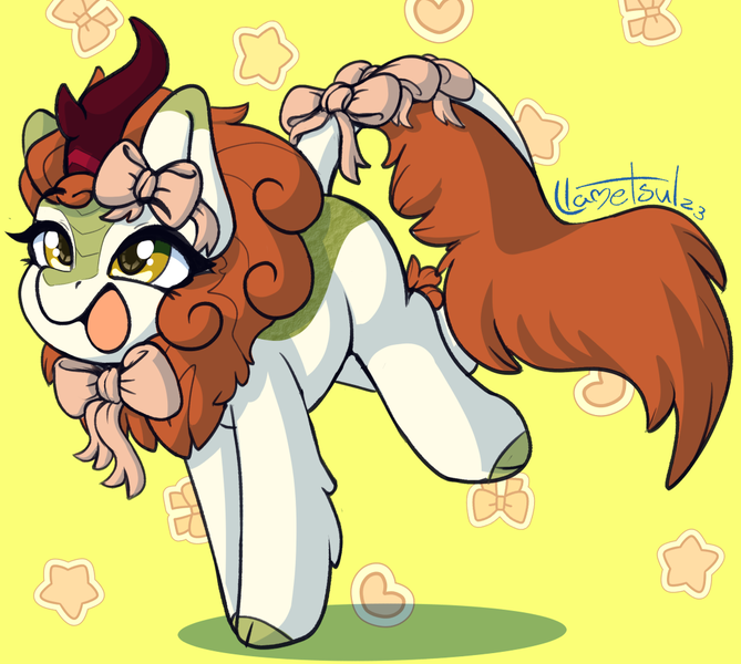 Size: 1088x976 | Tagged: safe, artist:llametsul, derpibooru import, autumn blaze, kirin, bow, cute, female, hair bow, image, open mouth, open smile, png, smiling, solo