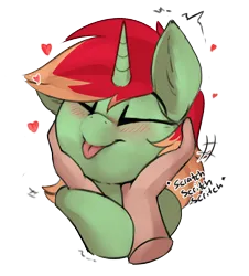Size: 2226x2457 | Tagged: safe, artist:beardie, derpibooru import, pony, unicorn, beardies scritching ponies, commission, disembodied hand, hand, happy, heart, horn, image, male, petting, png, simple background, solo focus, stallion, text, tongue out, transparent background