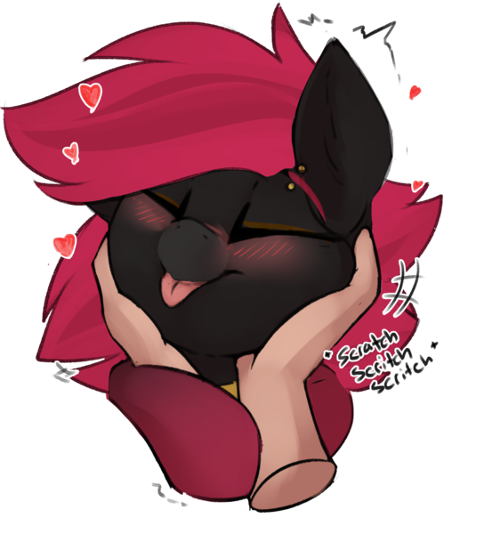 Size: 2226x2457 | Tagged: safe, artist:beardie, derpibooru import, oc, oc:rubellite rhapsody, unofficial characters only, pony, beardies scritching ponies, collar, commission, disembodied hand, eyebrow piercing, female, hand, happy, heart, image, mare, petting, piercing, png, simple background, solo focus, text, tongue out, transparent background