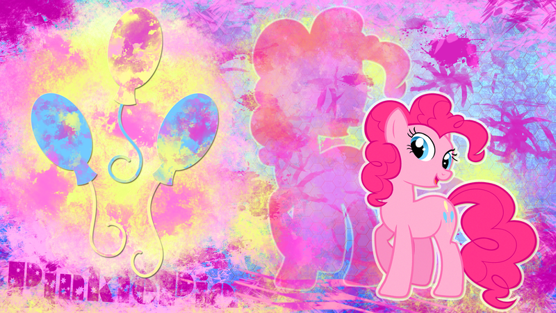 Size: 2560x1440 | Tagged: safe, artist:skrayp, derpibooru import, pinkie pie, earth pony, pony, abstract background, cutie mark, female, hexagon, image, looking sideways, mare, name, open mouth, open smile, paint splatter, png, raised hoof, smiling, solo, wallpaper