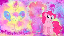 Size: 2560x1440 | Tagged: safe, artist:skrayp, derpibooru import, pinkie pie, earth pony, pony, abstract background, cutie mark, female, hexagon, image, looking sideways, mare, name, open mouth, open smile, paint splatter, png, raised hoof, smiling, solo, wallpaper