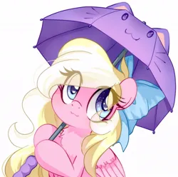 Size: 1008x1000 | Tagged: safe, artist:emberslament, derpibooru import, oc, oc:bay breeze, pegasus, pony, :3, bow, hair bow, image, jpeg, simple background, solo, umbrella, white background