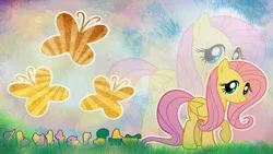 Size: 2560x1440 | Tagged: safe, artist:skrayp, derpibooru import, fluttershy, pegasus, pony, abstract background, cloud, cutie mark, female, grass, image, looking at you, mare, name, png, raised hoof, sky, smiling, smiling at you, solo, wallpaper