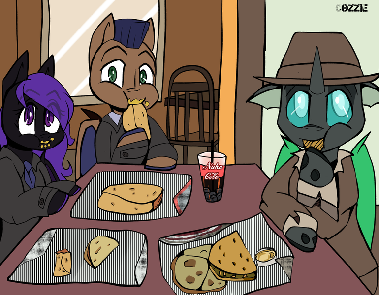 Size: 1926x1500 | Tagged: safe, artist:cosmiclitgalaxy, derpibooru import, oc, oc:closed case, oc:distant echo, oc:night shimmer, bat pony, changeling, pony, burrito, detective, female, food, friends, hat, image, lunch, male, mare, nuka cola, png, stallion, taco, taco bell