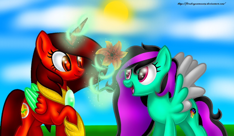 Size: 1434x834 | Tagged: safe, artist:firedragonmoon15, derpibooru import, oc, oc:phoenix scarletruby, alicorn, pony, black mane, blurry background, brown mane, brown tail, colored wings, cutie mark, day, flower, glow, glowing horn, happy, hoof shoes, horn, image, jewelry, levitation, looking at someone, looking at something, magic, mint coat, mint wings, necklace, open mouth, pink mane, png, raised hoof, red coat, red wings, smiling, standing, sun, tail, telekinesis, two toned mane, two toned wings, wings