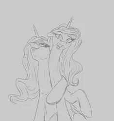 Size: 1217x1295 | Tagged: safe, artist:astr0zone, derpibooru import, princess celestia, princess luna, alicorn, pony, duo, duo female, female, fetish, gray background, grayscale, hug, image, jpeg, long neck, mare, monochrome, open mouth, royal sisters, siblings, simple background, sisters, sketch