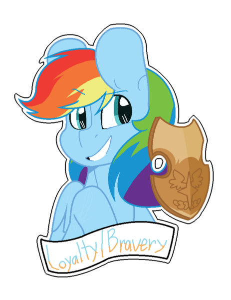 Size: 600x778 | Tagged: safe, artist:eivilpotter, derpibooru import, rainbow dash, pegasus, pony, bust, element of loyalty, female, image, mare, netitus, png, shield, solo