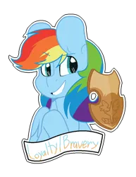 Size: 600x778 | Tagged: safe, artist:eivilpotter, derpibooru import, rainbow dash, pegasus, pony, bust, element of loyalty, female, image, mare, netitus, png, shield, solo