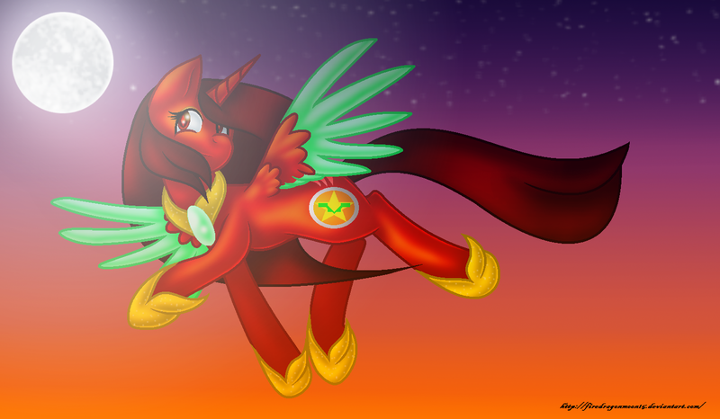 Size: 1468x856 | Tagged: safe, artist:firedragonmoon15, derpibooru import, oc, oc:phoenix scarletruby, alicorn, pony, brown mane, brown tail, colored wings, cutie mark, flying, full moon, hoof shoes, image, jewelry, mint wings, moon, necklace, png, red coat, red wings, smiling, spread wings, stars, tail, twilight (astronomy), two toned wings, wings