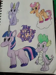 Size: 1280x1707 | Tagged: safe, artist:mintwhistle, derpibooru import, scootaloo, spike, twilight sparkle, bunnycorn, dragon, pegasus, pony, rabbit, unicorn, animal, cloud, crayon drawing, fangs, female, filly, foal, folded wings, g4, g4 to g5, g5, generation leap, horn, image, jpeg, logo, looking back, male, mare, open mouth, open smile, sketchbook, smiling, traditional art, unicorn twilight, unshorn fetlocks, whiskers, wings