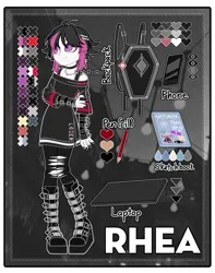 Size: 793x1008 | Tagged: safe, artist:masem, artist:riariirii2, derpibooru import, oc, oc:rhea, unofficial characters only, bag, base used, belt, book, boots, choker, clothes, cute, ear piercing, earring, female, freckles, goth, image, jewelry, mobile phone, nail polish, necklace, notebook, pencil, phone, piercing, png, reference sheet, ripped stockings, shirt, shoes, skirt, smartphone, socks, solo, stockings, thigh highs, torn clothes, torn socks