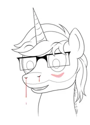 Size: 1150x1600 | Tagged: safe, artist:xyclone, derpibooru import, oc, oc:xyclone, unofficial characters only, pony, unicorn, blushing, glasses, image, jpeg, lineart, male, signature, simple background, solo, white background