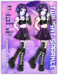 Size: 790x1012 | Tagged: safe, artist:riariirii2, derpibooru import, twilight sparkle, human, equestria girls, alternate hairstyle, belt, boots, bra, choker, clothes, deviantart watermark, e-girl, ear piercing, earring, eyeshadow, female, fishnets, goth, humanized, image, jewelry, makeup, midriff, necklace, obtrusive watermark, piercing, png, reference sheet, shoes, skirt, socks, solo, stockings, tattoo, thigh highs, underwear, watermark