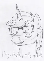 Size: 1150x1600 | Tagged: safe, artist:xyclone, derpibooru import, oc, oc:xyclone, unofficial characters only, pony, unicorn, blushing, glasses, image, jpeg, male, monochrome, signature, sketch, solo