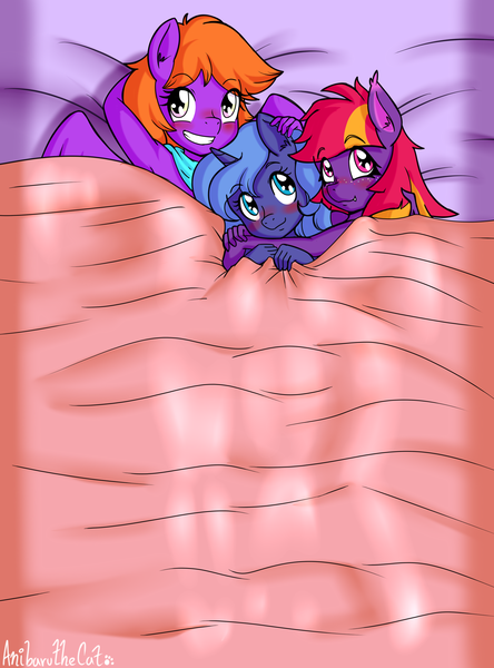 Size: 2156x2912 | Tagged: suggestive, alternate version, artist:anibaruthecat, part of a set, princess luna, oc, oc:burningstar, oc:fire star, alicorn, anthro, bat pony, pegasus, bat pony oc, bat wings, bed, blanket, casual nudity, child, clothes, commission, cuddling, cute, female, happy, image, implied lolicon, implied nudity, implied underage, nudity, pegasus oc, png, siblings, side hug, sisters, sleeping, sleeping in the nude, teenager, trio, wings, woona, younger