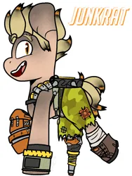 Size: 976x1300 | Tagged: safe, artist:eivilpotter, derpibooru import, oc, unofficial characters only, camouflage, crossover, grin, image, junkrat, looking at you, overwatch, png, simple background, smiling, solo, text, weapon