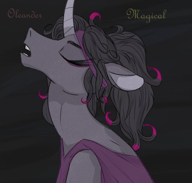 Size: 747x712 | Tagged: safe, artist:astr0zone, derpibooru import, oleander (tfh), anthro, unicorn, them's fightin' herds, community related, eyes closed, female, image, jpeg, long neck, open mouth, profile, side view, solo