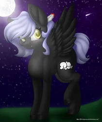 Size: 1341x1599 | Tagged: safe, artist:firedragonmoon15, derpibooru import, oc, pegasus, pony, black coat, black wings, cutie mark, fangs, feather, feather in hair, feathered wings, full moon, image, moon, night, night sky, png, raised hoof, shooting star, sky, smiling, standing, wings, yellow eyes