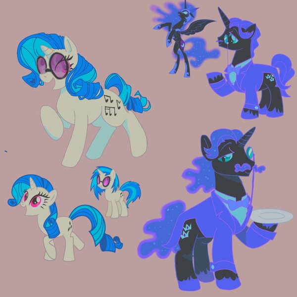 Size: 1600x1600 | Tagged: safe, artist:caravansilence, derpibooru import, fancypants, nightmare moon, rarity, vinyl scratch, alicorn, pony, unicorn, female, image, jpeg, male, mare, palette swap, recolor, stallion