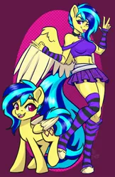 Size: 792x1224 | Tagged: safe, artist:inkkeystudios, derpibooru import, oc, oc:koa, unofficial characters only, anthro, pegasus, pony, unguligrade anthro, anthro ponidox, clothes, collar, colored wings, colored wingtips, detached sleeves, image, jpeg, looking at you, midriff, open mouth, open smile, peace sign, raspberry, self ponidox, skirt, smiling, socks, spread wings, striped socks, thigh highs, tongue out, top, two toned wings, wings