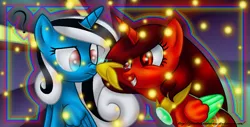 Size: 1198x608 | Tagged: safe, artist:firedragonmoon15, derpibooru import, oc, oc:phoenix scarletruby, alicorn, pony, abstract background, birthday, black mane, blue coat, boop, brown mane, colored wings, hoof shoes, image, jewelry, looking at someone, mint wings, necklace, png, question mark, red coat, red wings, smiling, sparks, two toned mane, two toned wings, white mane, wings