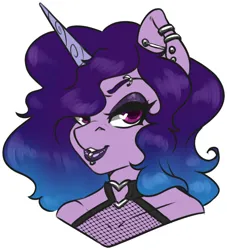 Size: 816x900 | Tagged: safe, artist:inkkeystudios, derpibooru import, izzy moonbow, anthro, unicorn, eyebrow piercing, eyeshadow, g5, goth, goth izzy, hair over one eye, image, jpeg, lidded eyes, lip piercing, lipstick, looking at you, makeup, piercing, smiling, solo