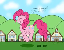 Size: 3100x2425 | Tagged: suggestive, artist:xyclone, derpibooru import, pinkie pie, earth pony, pony, abdominal bulge, building, dialogue, female, hiccup, hoofprints, image, macro, mass vore, multiple prey, png, ponyville, signature, solo, solo female, village, vore