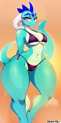 Size: 512x1024 | Tagged: suggestive, derpibooru import, machine learning generated, novelai, stable diffusion, princess ember, anthro, dragon, bedroom eyes, belly button, bikini, blushing, breasts, cleavage, clothes, dragoness, female, horn, image, lizard breasts, looking at you, panties, png, solo, sweat, swimsuit, thighs, thong, thong swimsuit, thunder thighs, underwear, wide hips