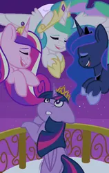 Size: 728x1153 | Tagged: safe, artist:eivilpotter, derpibooru import, princess cadance, princess celestia, princess luna, twilight sparkle, twilight sparkle (alicorn), alicorn, pony, balcony, female, image, mare, png, princess, starry background