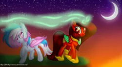 Size: 1432x782 | Tagged: safe, artist:firedragonmoon15, derpibooru import, oc, oc:phoenix scarletruby, alicorn, bat pony, pony, blue mane, blue tail, brown mane, brown tail, cliff, colored wings, crescent moon, cutie mark, glow, glowing horn, hoof shoes, horn, image, jewelry, looking at each other, looking at someone, magic, mint wings, moon, multicolored mane, multicolored tail, necklace, night, night sky, pink eyes, pink mane, pink tail, pink wings, png, raised hoof, red coat, red wings, sky, tail, two toned wings, white fur, white mane, white tail, wings