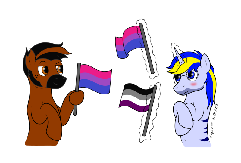 Size: 2841x1925 | Tagged: safe, artist:xyclone, derpibooru import, oc, oc:velocity, oc:xyclone, unofficial characters only, earth pony, pony, unicorn, asexual pride flag, belly button, bisexual pride flag, blushing, freckles, glasses, image, male, png, pride, pride flag, simple background, transparent background