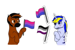 Size: 2841x1925 | Tagged: safe, artist:xyclone, derpibooru import, oc, oc:velocity, oc:xyclone, unofficial characters only, earth pony, pony, unicorn, asexual pride flag, belly button, bisexual pride flag, blushing, freckles, glasses, image, male, png, pride, pride flag, simple background, transparent background