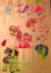 Size: 504x717 | Tagged: safe, artist:artflicker, derpibooru import, oc, oc:greeny, oc:rainbow vomit, unofficial characters only, earth pony, pony, duo, female, image, lined paper, male, mare, png, stallion, traditional art