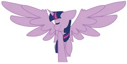 Size: 2472x1244 | Tagged: safe, artist:eivilpotter, derpibooru import, twilight sparkle, twilight sparkle (alicorn), alicorn, eyes closed, image, png, raised hoof, simple background, smiling, smirk, solo, spread wings, turned head, wings