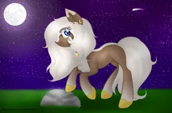 Size: 1554x1026 | Tagged: safe, artist:firedragonmoon15, derpibooru import, earth pony, pony, ear piercing, full moon, image, looking at you, moon, night, night sky, piercing, png, raised hoof, rock, shooting star, sky, smiling, tail, white mane, white tail