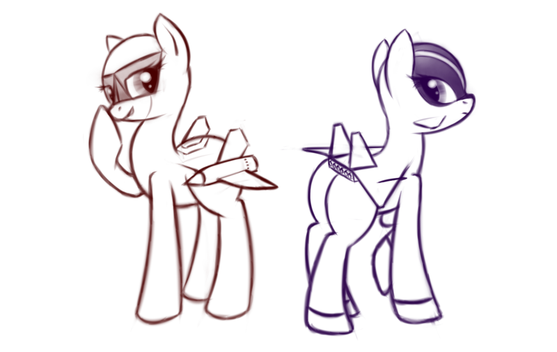 Size: 2941x1861 | Tagged: safe, derpibooru import, oc, oc:cloudwalker, oc:valkyrie, original species, plane pony, pony, butt, cute, duo, hoof over mouth, image, looking at each other, looking at someone, looking back, outlines only, plane, png, raised hoof, simple background, white background, xb-70 valkyrie