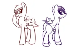 Size: 2941x1861 | Tagged: safe, derpibooru import, oc, oc:cloudwalker, oc:valkyrie, original species, plane pony, pony, butt, cute, duo, hoof over mouth, image, looking at each other, looking at someone, looking back, outlines only, plane, png, raised hoof, simple background, white background, xb-70 valkyrie