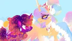 Size: 400x225 | Tagged: safe, artist:rareapples, derpibooru import, princess celestia, twilight sparkle, alicorn, pony, 2d, colored, digital art, female, g4, horn, image, jpeg, looking at each other, looking at someone, mare, redesign, sketch, smiling, smiling at each other, wings