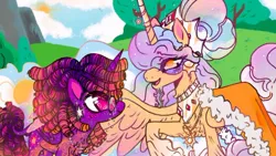 Size: 400x225 | Tagged: safe, alternate version, artist:rareapples, derpibooru import, princess celestia, twilight sparkle, alicorn, pony, 2d, colored, digital art, female, g4, glasses, horn, image, jpeg, looking at each other, looking at someone, mare, redesign, smiling, smiling at each other, wings