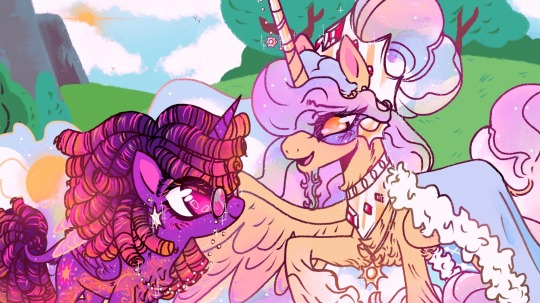 Size: 540x303 | Tagged: safe, alternate version, artist:rareapples, derpibooru import, princess celestia, twilight sparkle, alicorn, pony, 2d, colored, digital art, female, g4, glasses, horn, image, jpeg, looking at each other, looking at someone, mare, redesign, smiling, smiling at each other, sparkles, wings
