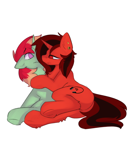 Size: 2611x2918 | Tagged: safe, artist:beardie, derpibooru import, oc, oc:flaps tune, oc:jonin, unofficial characters only, pony, unicorn, ear piercing, female, hoof on chest, hug, image, male, mare, piercing, png, simple background, stallion, transparent background