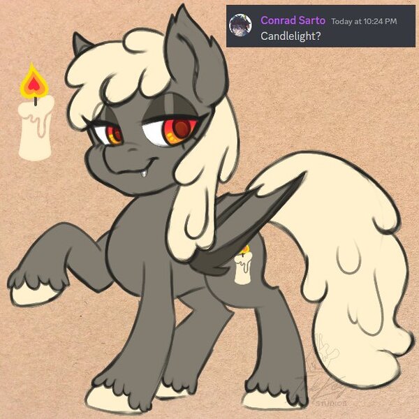 Size: 611x611 | Tagged: safe, artist:inkkeystudios, derpibooru import, oc, oc:candlelight, unofficial characters only, bat pony, pony, candle, cute, cute little fangs, fangs, image, jpeg, lidded eyes, looking at you, raised hoof, smiling, solo, unshorn fetlocks