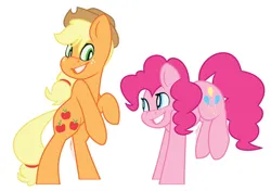 Size: 1065x750 | Tagged: safe, artist:eivilpotter, derpibooru import, applejack, pinkie pie, earth pony, pony, duo, female, grin, hopping, image, jpeg, looking at each other, looking at someone, mare, rearing, simple background, smiling