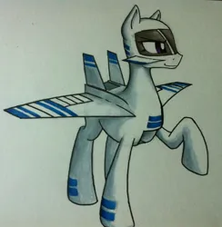 Size: 1893x1936 | Tagged: artist needed, safe, derpibooru import, oc, oc:val, unofficial characters only, original species, plane pony, pony, image, jpeg, looking to the right, marker drawing, plane, raised hoof, sideways glance, simple background, smiling, traditional art, white background, xb-70 valkyrie