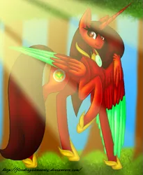 Size: 581x707 | Tagged: safe, artist:firedragonmoon15, derpibooru import, oc, oc:phoenix scarletruby, alicorn, pony, brown mane, brown tail, colored wings, cutie mark, forest, hoof shoes, horn, image, jewelry, light rays, long horn, looking at you, mint wings, necklace, one wing out, png, raised hoof, red coat, red wings, smiling, standing, tail, tree, two toned wings, wings