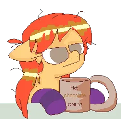 Size: 260x256 | Tagged: safe, artist:artflicker, derpibooru import, oc, oc:flicker split, unofficial characters only, earth pony, pony, chocolate, clothes, coffee mug, female, food, frown, hot chocolate, image, mare, mug, png, simple background, socks, solo, striped socks, transparent background