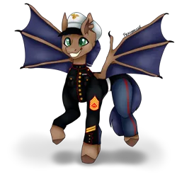 Size: 2000x2000 | Tagged: safe, artist:frazy, derpibooru import, oc, oc:distant echo, bat pony, pony, bat wings, blue mane, blue tail, brown coat, claws, clothes, green eyes, image, male, marines, military uniform, pants, png, solo, solo male, stallion, tail, uniform, wing claws, wings