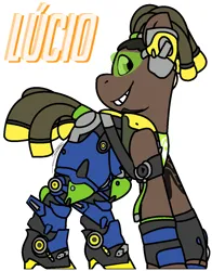 Size: 976x1244 | Tagged: safe, artist:eivilpotter, derpibooru import, oc, unofficial characters only, pony, crossover, headphones, image, looking at you, lucio, overwatch, png, simple background, solo, tattoo, turned head, visor